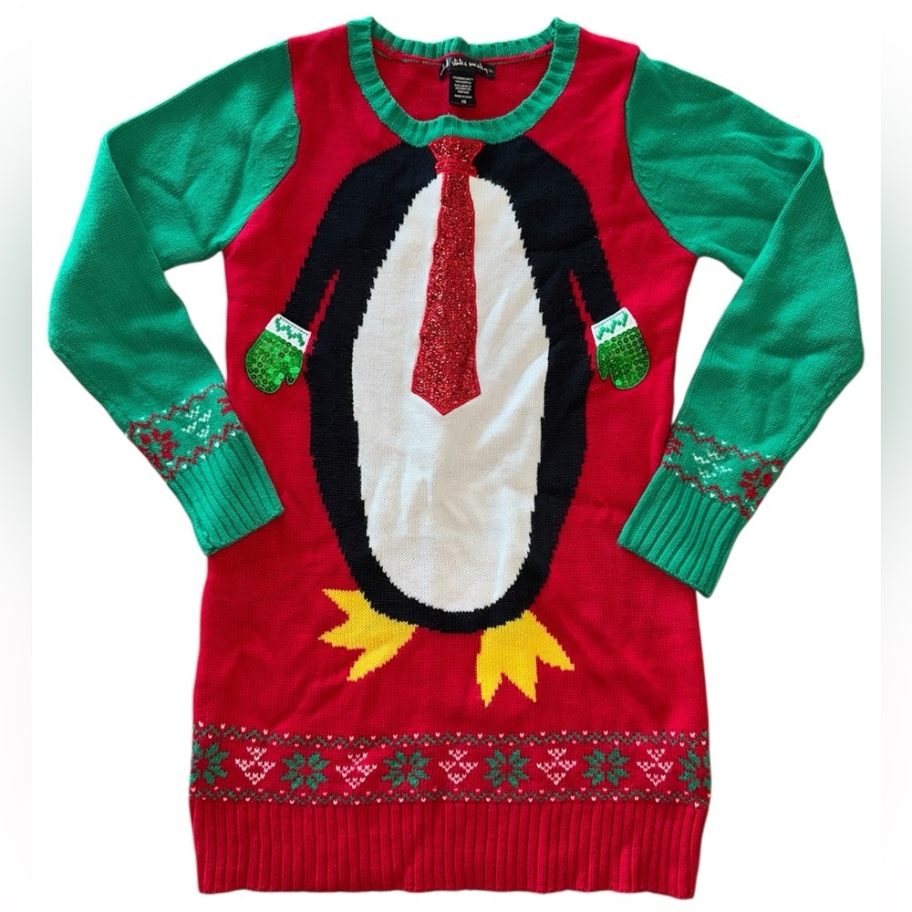 united states sweaters Red and Green Penguin Holiday Knit Sweater Dress XS